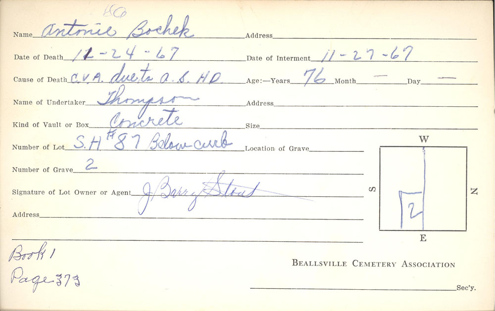 Antonia Bochek burial card